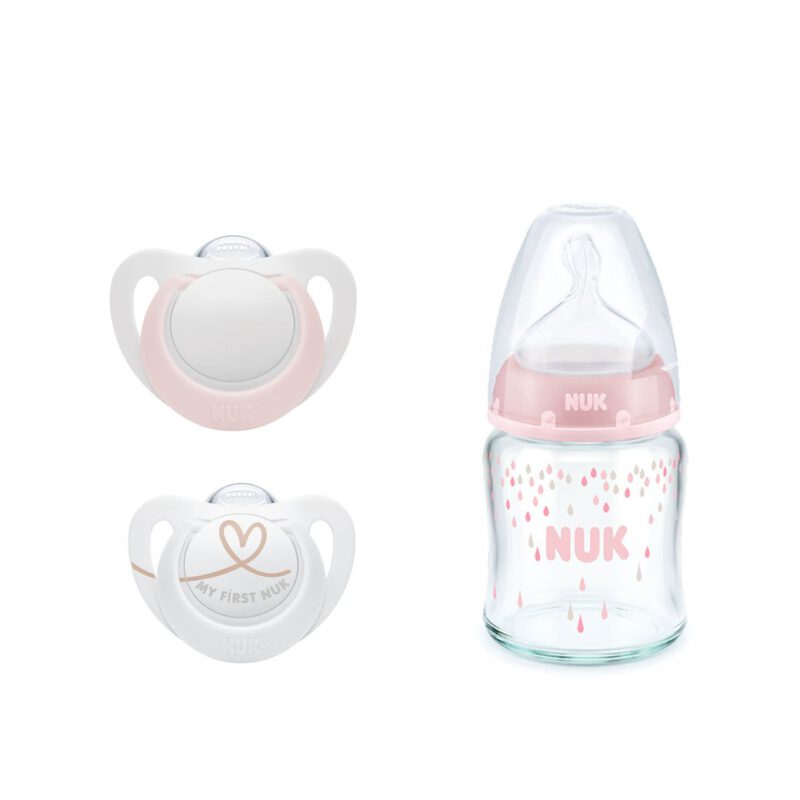 NUK First Choice Babyflasche|Glasflasche 120ml rosa+Star Schnuller Gr. 0, rosa Vorteilset (2st)