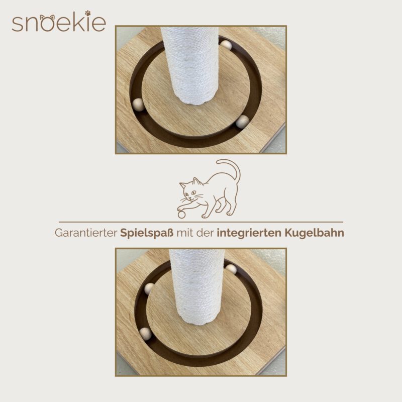SNOEKIE Kratzbaum für Katzen, extra dicker Kratzstamm Ø 11,3 cm, 78 cm hohe Kratzsäule mit abnehmbarem Katzenbett, Natur-Sisal, Kugelbahn und Spielbällen, 39 x 39 cm