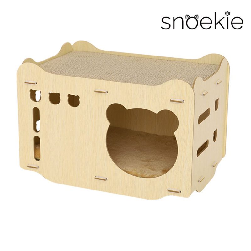 Snoekie Bärenkopf-Katzenbett mit Kratzbrett (Plüsch + Wellpappe) – gemütlicher Rückzugsort und Spielspaß in einem