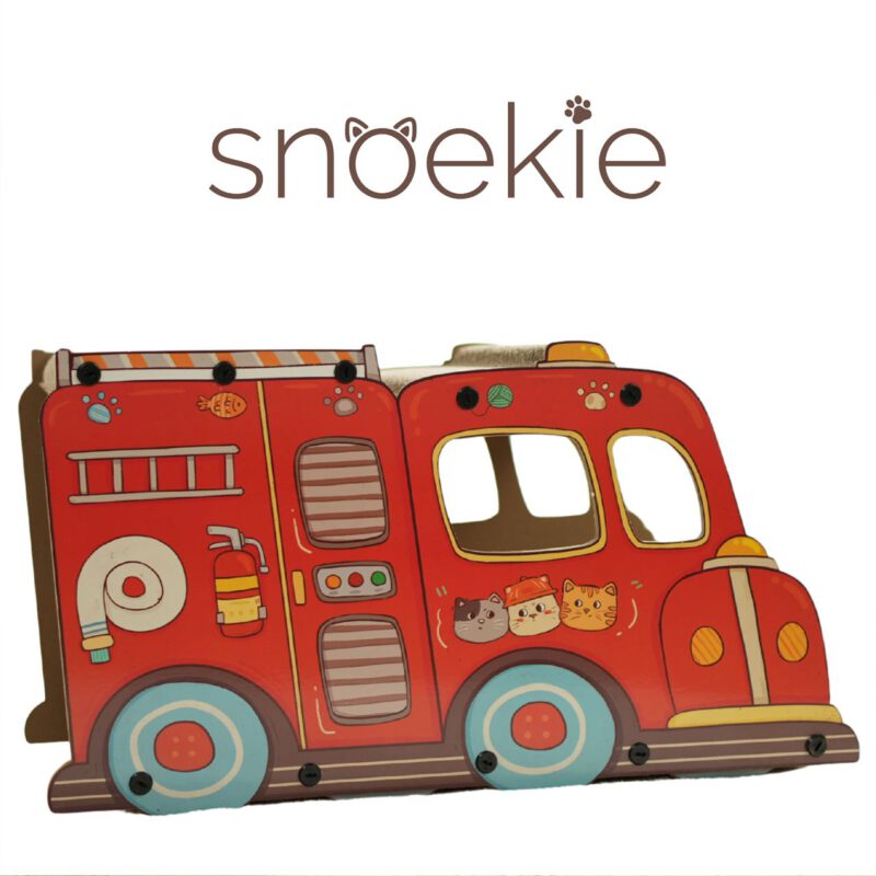 SNOEKIE Feuerwehr Katzen Kratzhaus aus Wellpappe und MDF, 55 x 23 x 30 cm, Katzenhöhle mit Kratzbrett, stabiler Katzenkratzer im Feuerwehr-Design, 1,9 kg