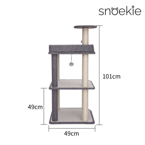 Snoekie Kratzbaum für Katzen, stabiler 3-Etagen-Katzenbaum mit Sisalstämmen, Liegeflächen & Spielbällen, 101 cm hoch, moderner Katzenmöbel für Wohnungskatzen
