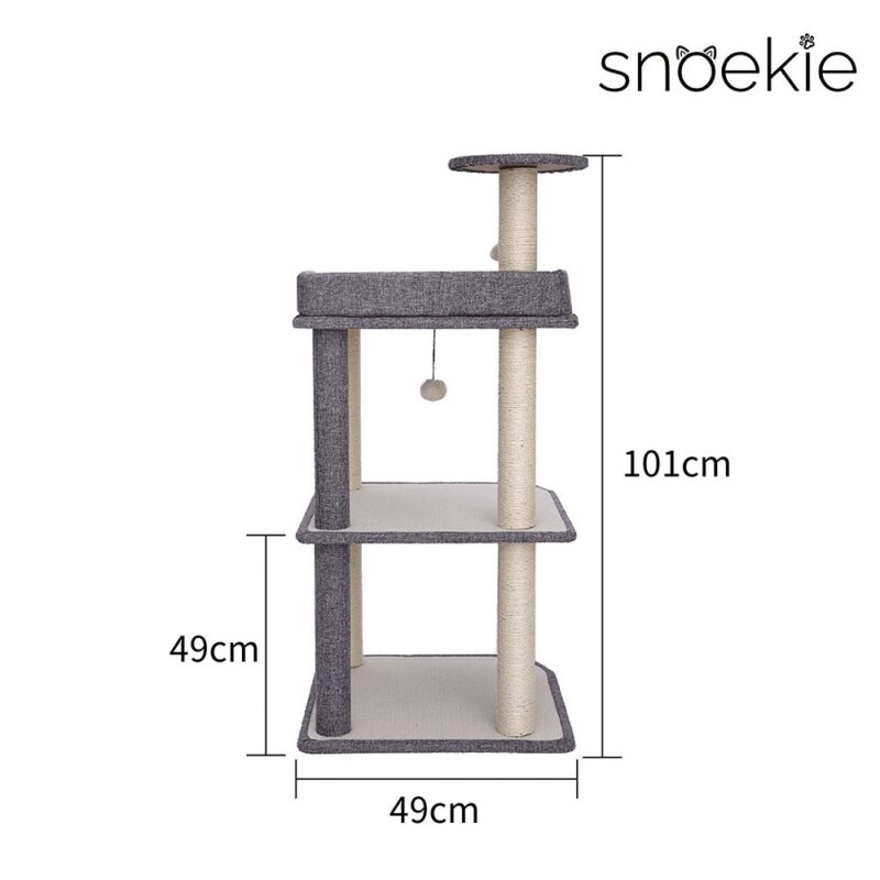Snoekie Kratzbaum für Katzen, stabiler 3-Etagen-Katzenbaum mit Sisalstämmen, Liegeflächen & Spielbällen, 101 cm hoch, moderner Katzenmöbel für Wohnungskatzen