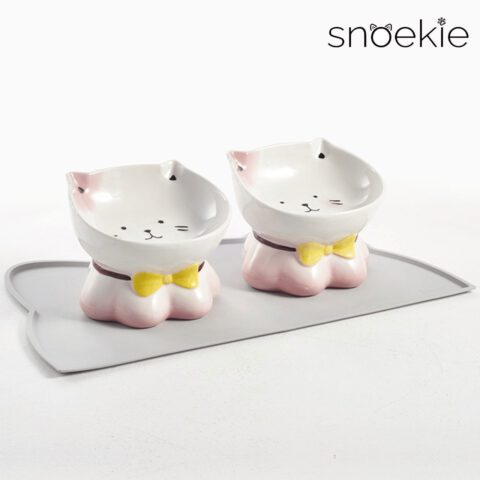 snoekie Keramik Katzennapf mit Katzenmotiv – Erhöhter Futternapf & Wassernapf für Katzen, Rutschfester Standfuß, Spülmaschinengeeignet, Niedliches Design