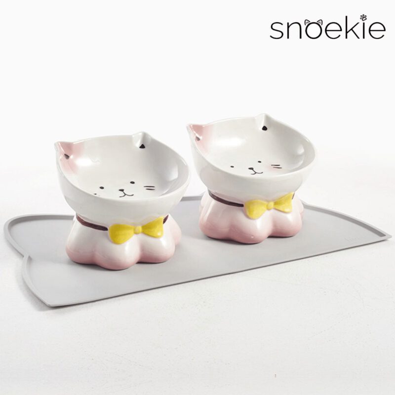 snoekie Keramik Katzennapf mit Katzenmotiv – Erhöhter Futternapf & Wassernapf für Katzen, Rutschfester Standfuß, Spülmaschinengeeignet, Niedliches Design
