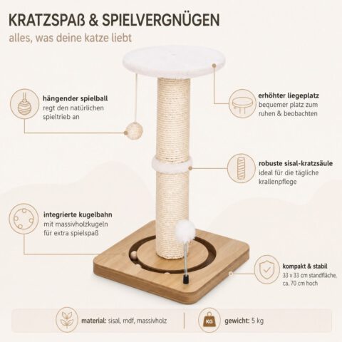 SNOEKIE Kratzbaum|Kratzsäule aus Sisal| Liegeplatz| Massivholzkugeln