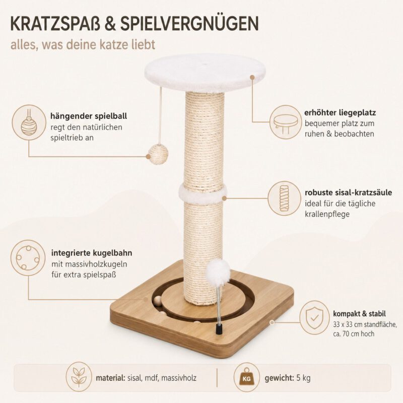 SNOEKIE Kratzbaum|Kratzsäule aus Sisal| Liegeplatz| Massivholzkugeln