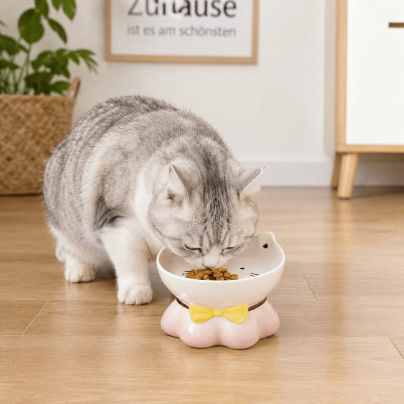 snoekie Keramik Katzennapf mit Katzenmotiv – Erhöhter Futternapf & Wassernapf für Katzen, Rutschfester Standfuß, Spülmaschinengeeignet, Niedliches Design