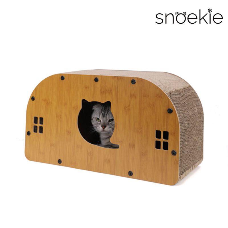 SNOEKIE Katzen Kratzhaus aus Wellpappe und MDF, 55 x 30 x 23 cm, Katzenhöhle mit Kratzfläche, stabiler Katzenkratzer mit Holzoptik, Kratzbrett für Katzen
