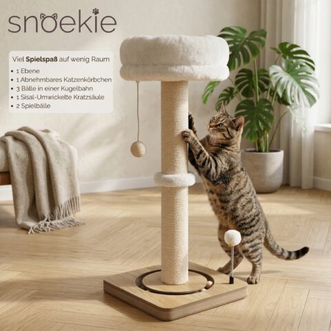 SNOEKIE Kratzbaum für Katzen, extra dicker Kratzstamm Ø 11,3 cm, 78 cm hohe Kratzsäule mit abnehmbarem Katzenbett, Natur-Sisal, Kugelbahn und Spielbällen, 39 x 39 cm