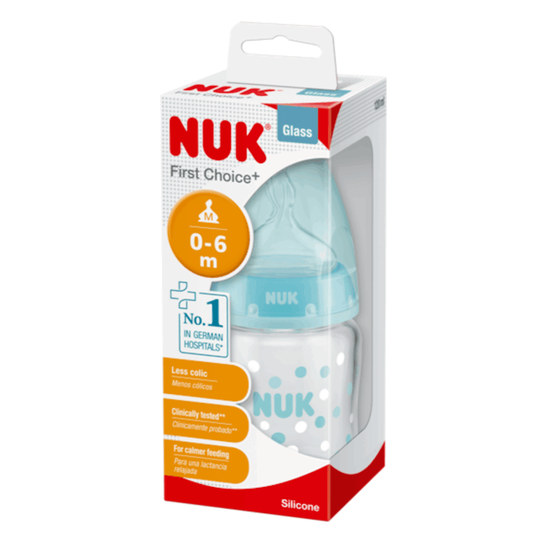 NUK Glas-Babyflasche"First Choice+" mit Silikon Sauger extrafein gelocht , 120 ml