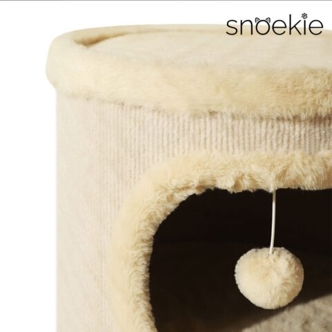Snoekie Kratzsäule und Spielturm für Katzen mit zwei Höhlen, Plüschbällen & Kratzoberfläche, 71 cm hoch