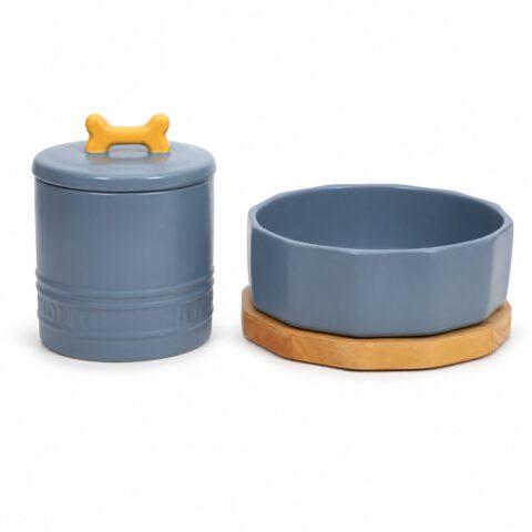 Snoekie Keramik Futternapf Set für kleine und mittelgroße Hunde, Hundenapf mit Holzuntersetzer und Leckerli-Dose mit Silikon-Dichtungsring, 300 g Futter, Geschenkidee