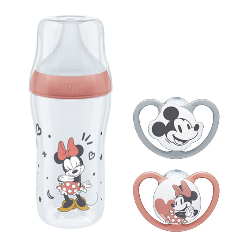 NUK Mickey Mouse Perfect Match Babyflasche 260ml mit Trinksauger & NUK Space Silikon-Schnuller