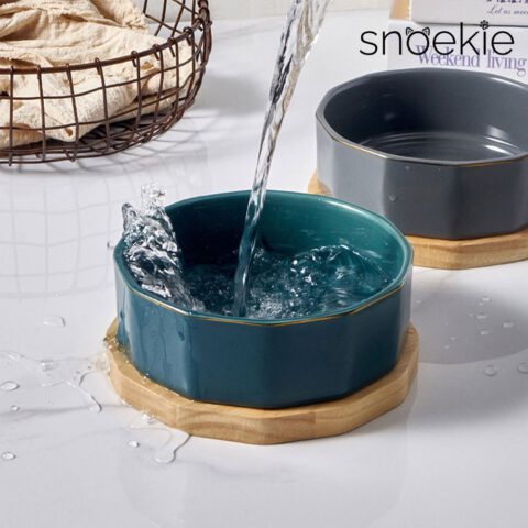 Snoekie Porzellan-Napf, 17 x 17x 6,8 cm, Spülmaschinenfest, Hochtemperaturgebrannt, Bambus Untersetzer, blau