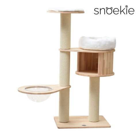 Snoekie Kompakter, moderner Kratzbaum mit Acryl-Hängeschale und Holzkubus