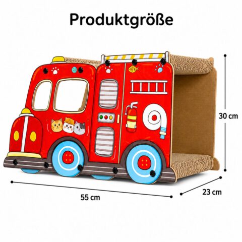 SNOEKIE Feuerwehr Katzen Kratzhaus aus Wellpappe und MDF, 55 x 23 x 30 cm, Katzenhöhle mit Kratzbrett, stabiler Katzenkratzer im Feuerwehr-Design, 1,9 kg