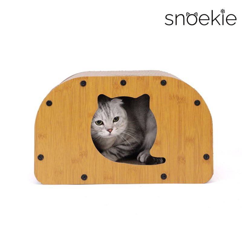 SNOEKIE Katzen Kratzhaus aus Wellpappe und MDF, 55 x 30 x 23 cm, Katzenhöhle mit Kratzfläche, stabiler Katzenkratzer mit Holzoptik, Kratzbrett für Katzen