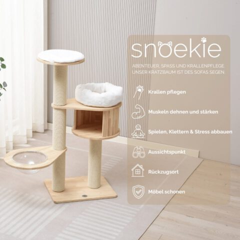 Snoekie Kompakter, moderner Kratzbaum mit Acryl-Hängeschale und Holzkubus