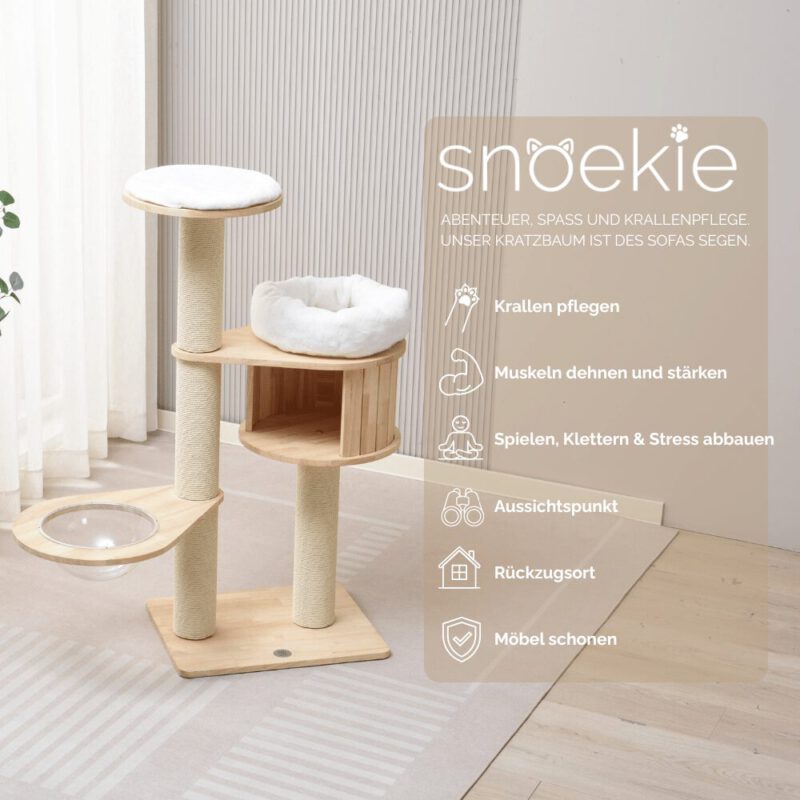 Snoekie Kompakter, moderner Kratzbaum mit Acryl-Hängeschale und Holzkubus
