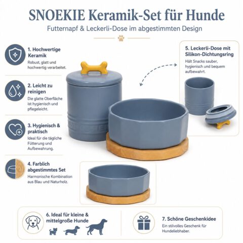 Snoekie Keramik Futternapf Set für kleine und mittelgroße Hunde, Hundenapf mit Holzuntersetzer und Leckerli-Dose mit Silikon-Dichtungsring, 300 g Futter, Geschenkidee