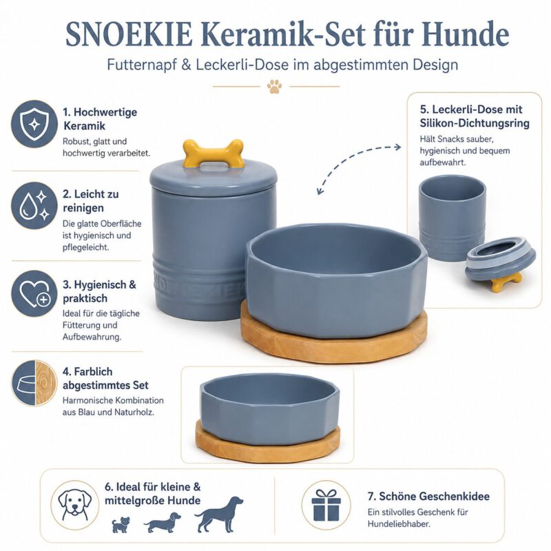 Snoekie Keramik Futternapf Set für kleine und mittelgroße Hunde, Hundenapf mit Holzuntersetzer und Leckerli-Dose mit Silikon-Dichtungsring, 300 g Futter, Geschenkidee