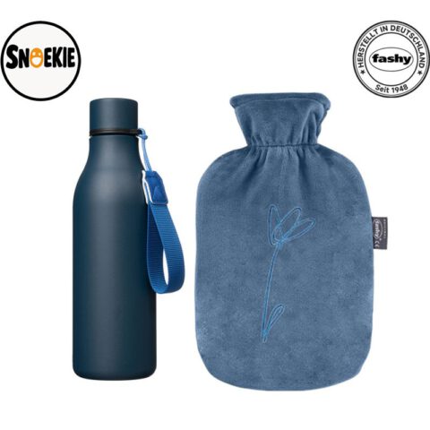 Snoekie Thermobecher 530 ml – Isolierte Edelstahlflasche &Fashy Wärmflasche 2,0L mit Plüschbezug mit gesticktem Dutch Iris