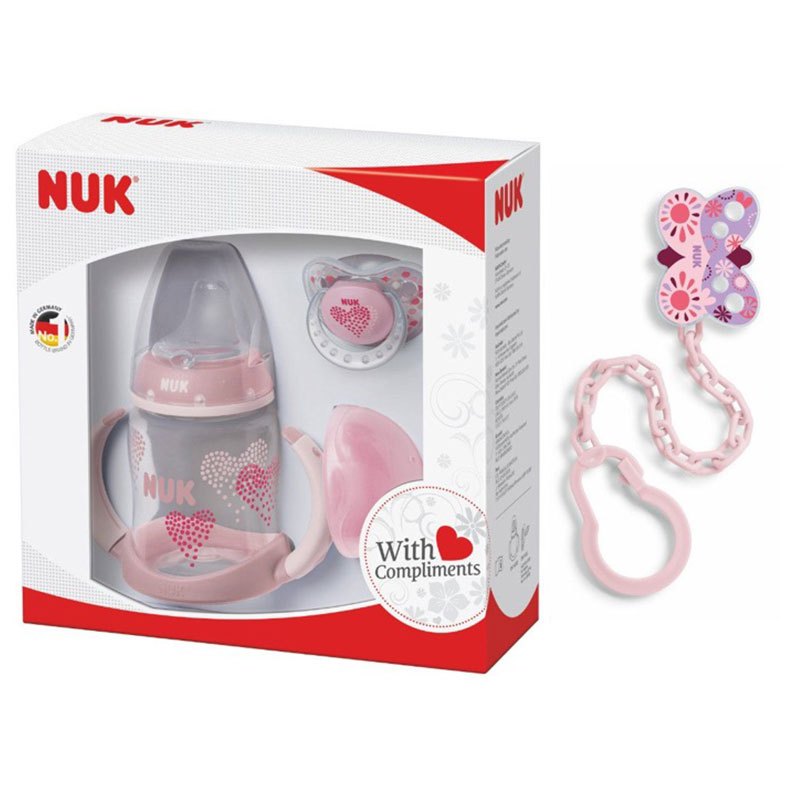 NUK Trinklernflasche Geschenk Set mit Babyschnuller & Schutzdose BPA Frei