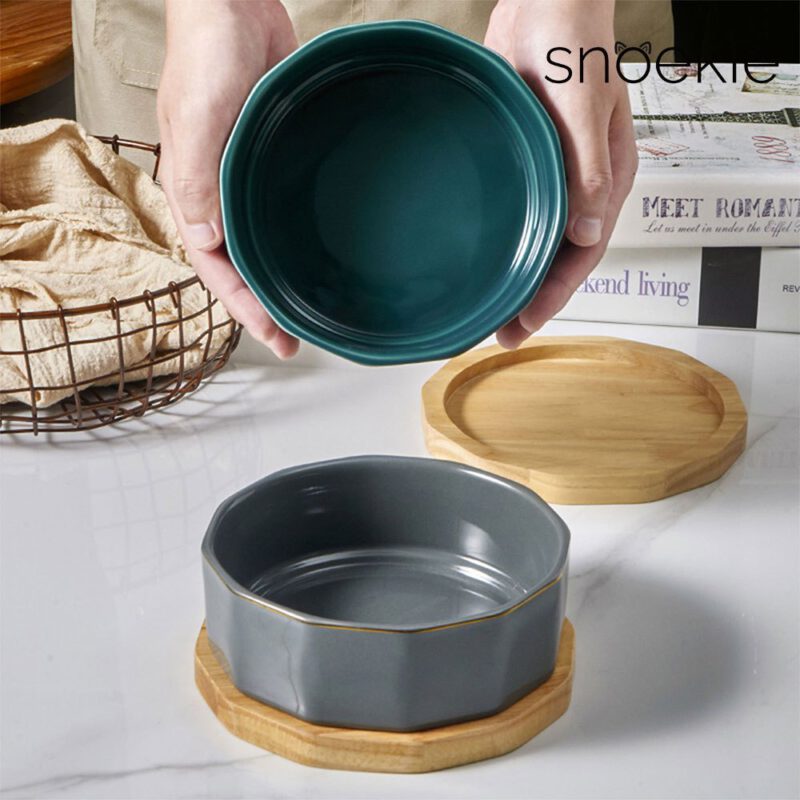 Snoekie Porzellan-Napf, 17 x 17x 6,8 cm, Spülmaschinenfest, Hochtemperaturgebrannt, Bambus Untersetzer, blau