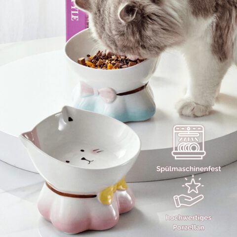 snoekie Keramik Katzennapf mit Katzenmotiv – Erhöhter Futternapf & Wassernapf für Katzen, Rutschfester Standfuß, Spülmaschinengeeignet, Niedliches Design