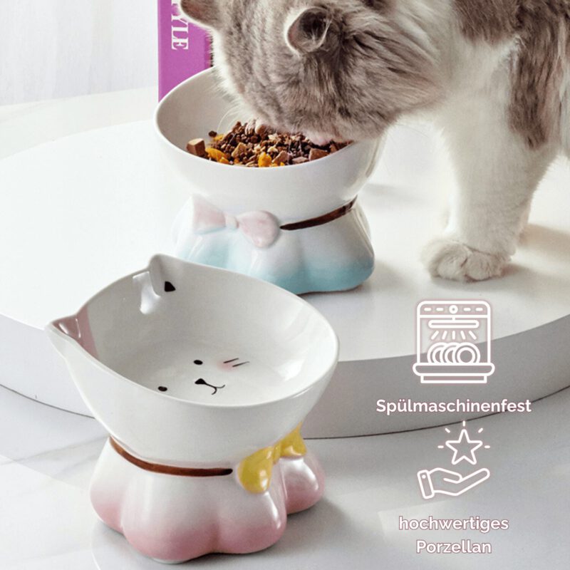 snoekie Keramik Katzennapf mit Katzenmotiv – Erhöhter Futternapf & Wassernapf für Katzen, Rutschfester Standfuß, Spülmaschinengeeignet, Niedliches Design