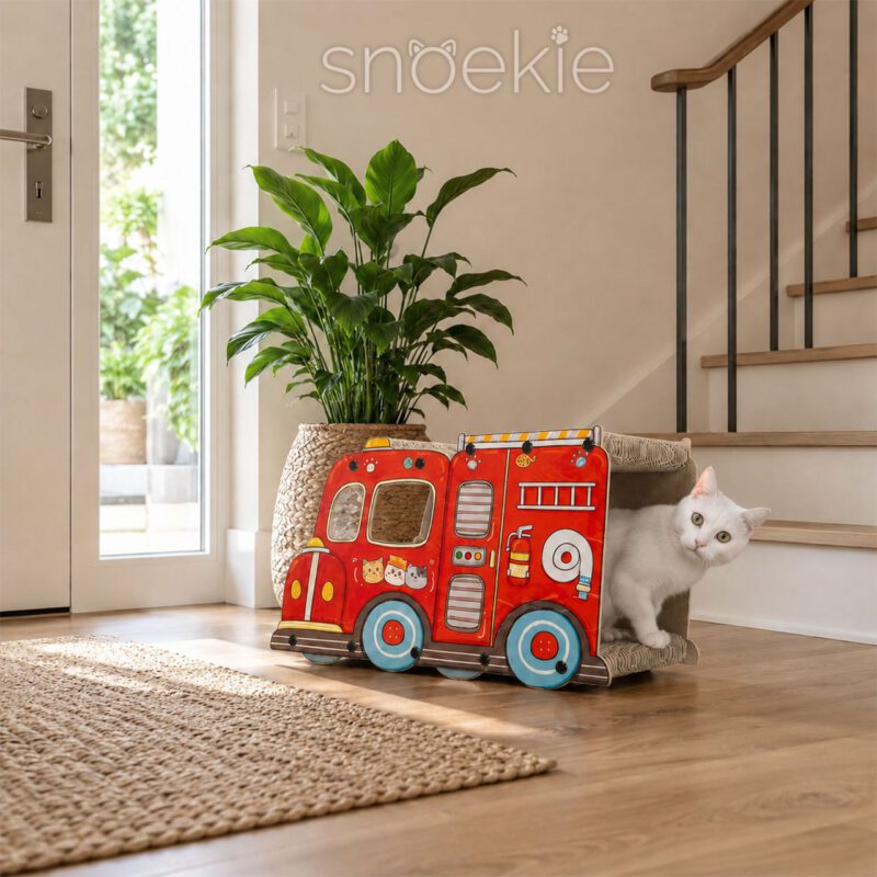 SNOEKIE Feuerwehr Katzen Kratzhaus aus Wellpappe und MDF, 55 x 23 x 30 cm, Katzenhöhle mit Kratzbrett, stabiler Katzenkratzer im Feuerwehr-Design, 1,9 kg