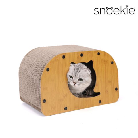 SNOEKIE Katzen Kratzhaus aus Wellpappe und MDF, 55 x 30 x 23 cm, Katzenhöhle mit Kratzfläche, stabiler Katzenkratzer mit Holzoptik, Kratzbrett für Katzen