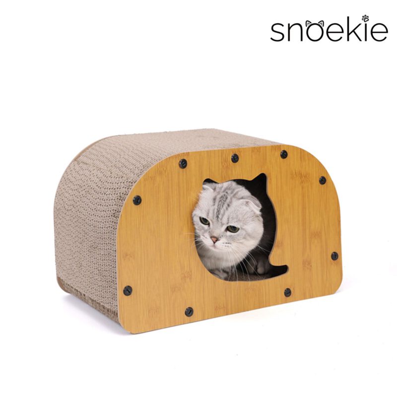 SNOEKIE Katzen Kratzhaus aus Wellpappe und MDF, 55 x 30 x 23 cm, Katzenhöhle mit Kratzfläche, stabiler Katzenkratzer mit Holzoptik, Kratzbrett für Katzen