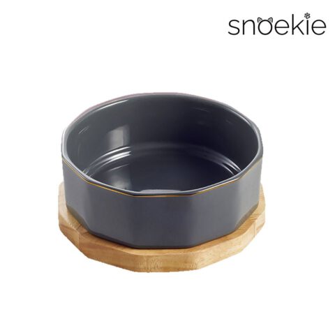 snoekie Porzellan-Haustiernapf mit Holzunterlage – 17×17×6.7 cm, Hochtemperaturgebrannt, Spülmaschinenfest, Rutschfest