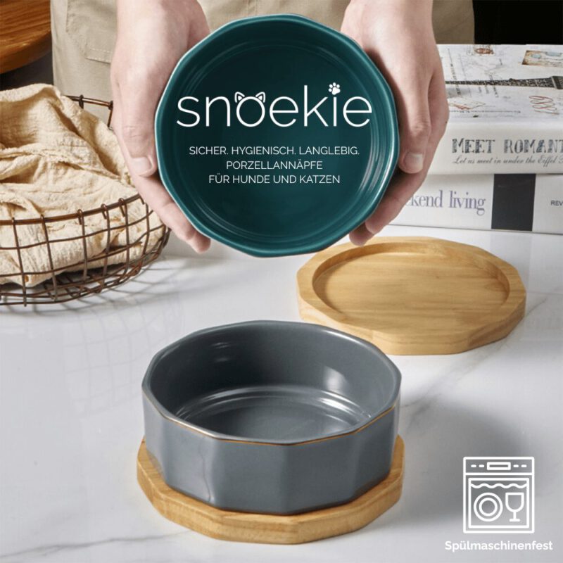 snoekie Porzellan-Haustiernapf mit Holzunterlage – 17×17×6.7 cm, Hochtemperaturgebrannt, Spülmaschinenfest, Rutschfest
