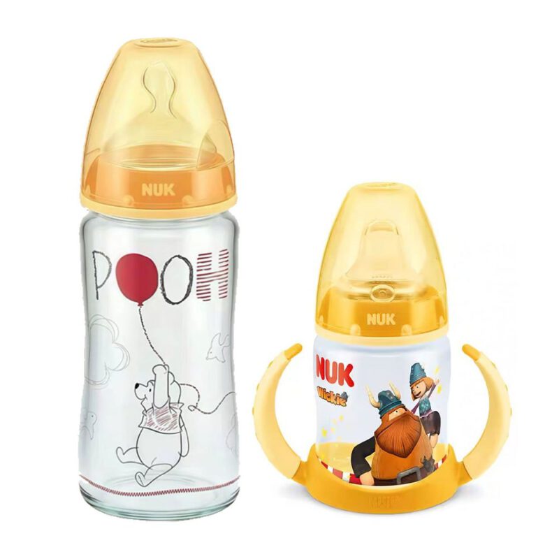 NUK First Choice Flasche aus Glas 300ml disney Gelb & Trinklernbecher | Trinklernflasche150ml Wicky Gelb Vorteilset (2st)